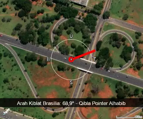 peta arah kiblat Brasilia: 68,9°