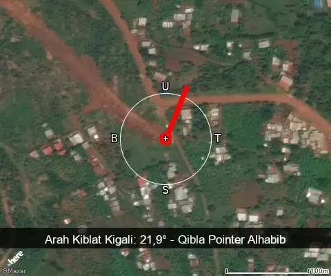 peta arah kiblat Kigali: 21,9°