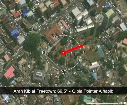peta arah kiblat Freetown: 69,5°