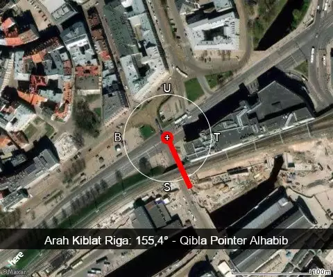 peta arah kiblat Riga: 155,4°