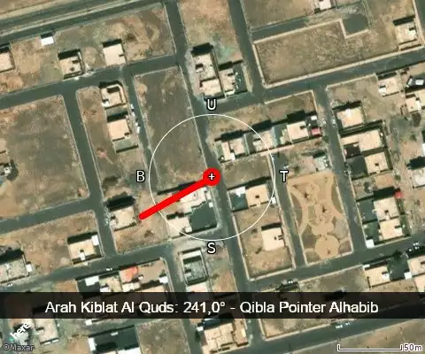 peta arah kiblat Al Quds: 241,0°