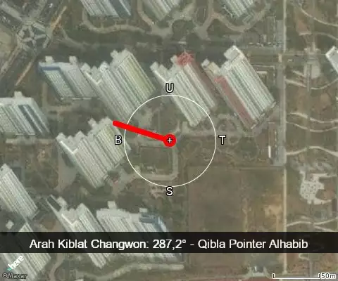 peta arah kiblat Changwon: 287,2°