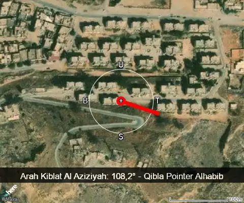 peta arah kiblat Al Aziziyah: 108,2°