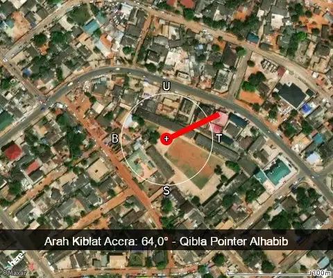 peta arah kiblat Accra: 64,0°
