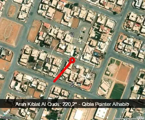 peta arah kiblat Al Quds: 220,2°