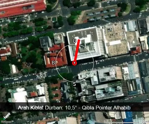 peta arah kiblat Durban: 10,5°