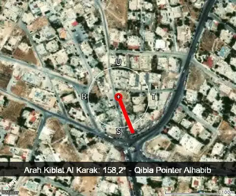 peta arah kiblat Al Karak: 158,2°