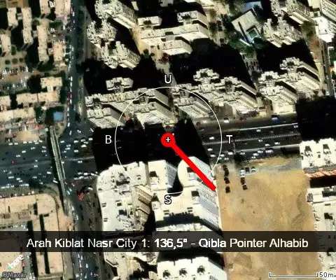 peta arah kiblat Nasr City 1: 136,5°
