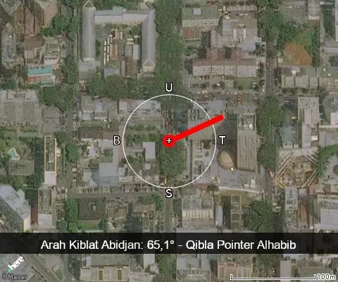peta arah kiblat Abidjan: 65,1°