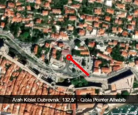 peta arah kiblat Dubrovnik: 132,5°
