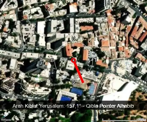 peta arah kiblat Yerusalem: 157,1°