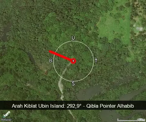 peta arah kiblat Pulau Ubin: 292,9°