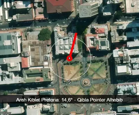 peta arah kiblat Pretoria: 14,6°
