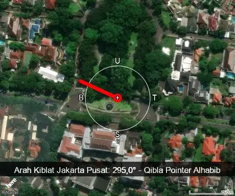 peta arah kiblat Jakarta Pusat: 295,0°