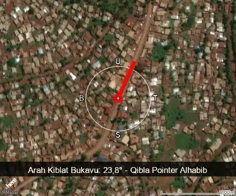 peta arah kiblat Bukavu: 23,8°