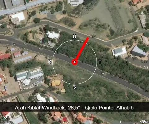 peta arah kiblat Windhoek: 28,5°