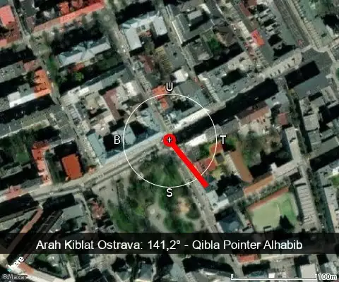peta arah kiblat Ostrava: 141,2°