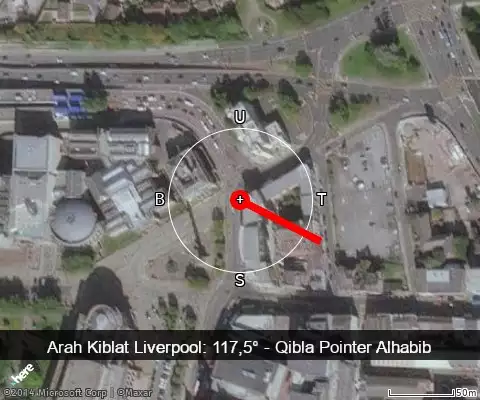 peta arah kiblat Liverpool: 117,5°