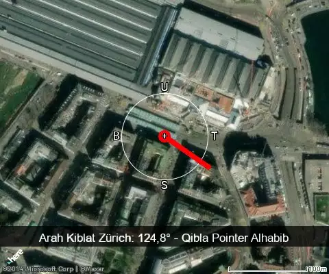 peta arah kiblat Zürich: 124,8°