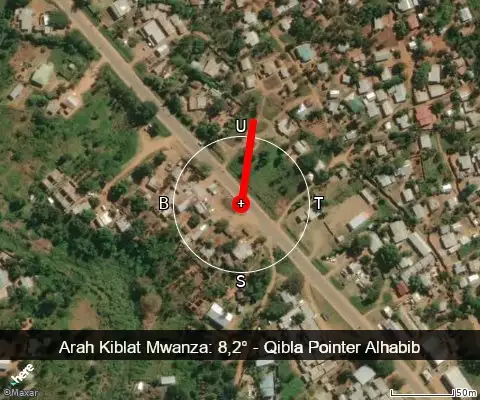 peta arah kiblat Mwanza: 8,2°