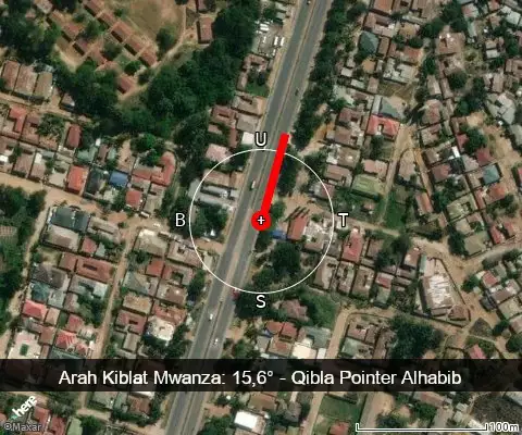 peta arah kiblat Mwanza: 15,6°