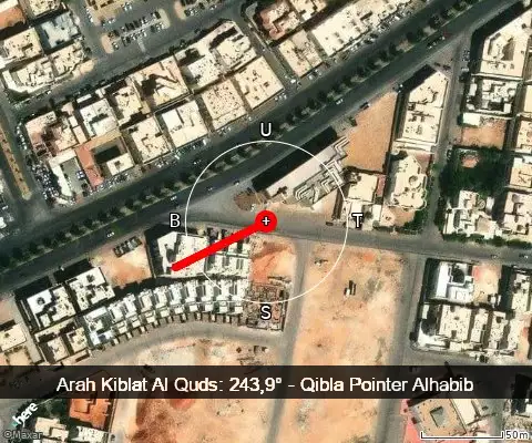 peta arah kiblat Al Quds: 243,9°