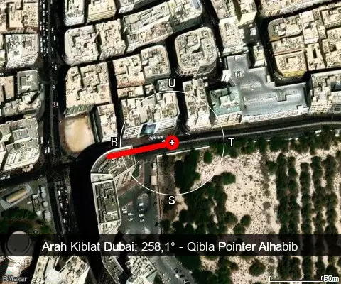 peta arah kiblat Dubai: 258,1°