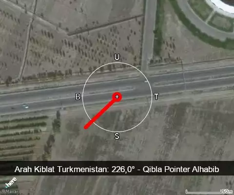peta arah kiblat Turkmenistan: 226,0°