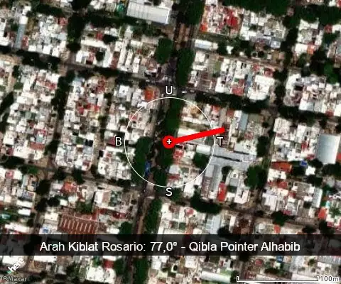 peta arah kiblat Rosario: 77,0°