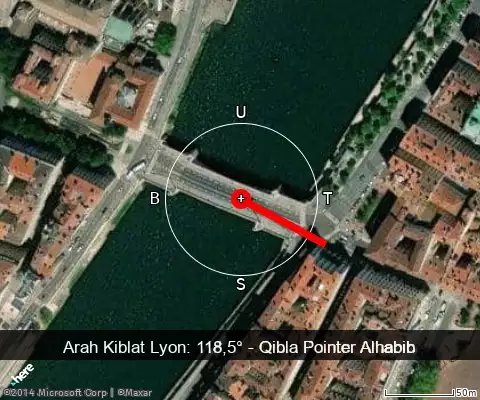 peta arah kiblat Lyon: 118,5°