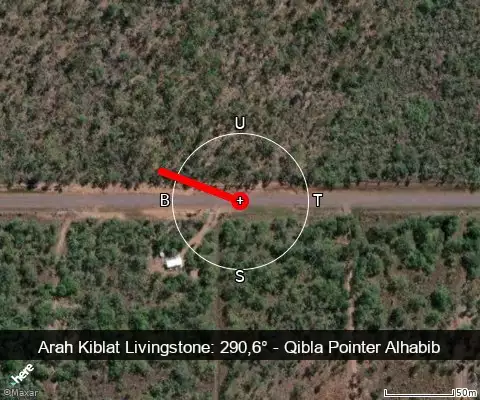 peta arah kiblat Livingstone: 290,6°