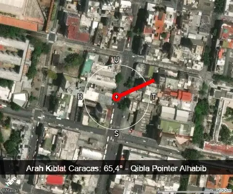 peta arah kiblat Caracas: 65,4°