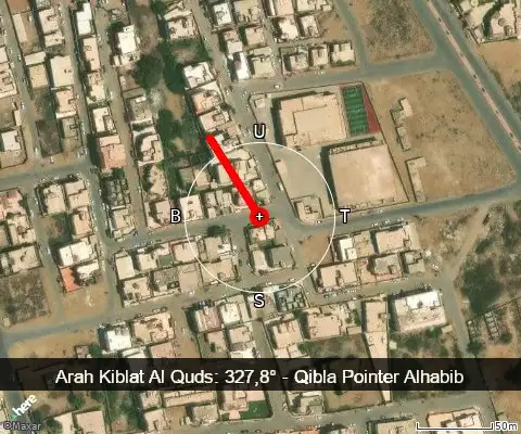 peta arah kiblat Al Quds: 327,8°