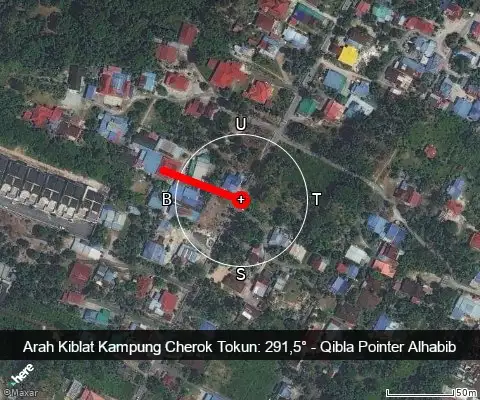 peta arah kiblat Kampung Cherok Tokun: 291,5°