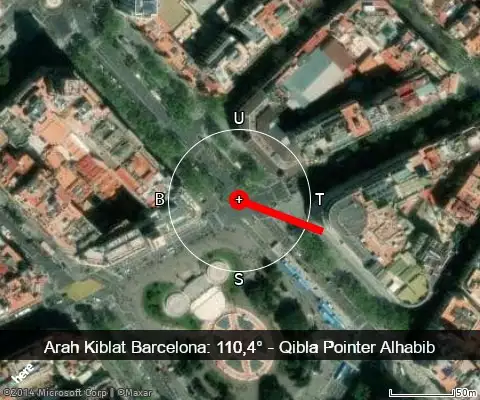 peta arah kiblat Barcelona: 110,4°