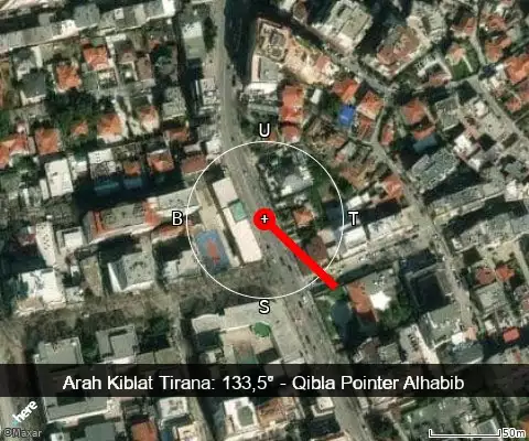 peta arah kiblat Tirana: 133,5°