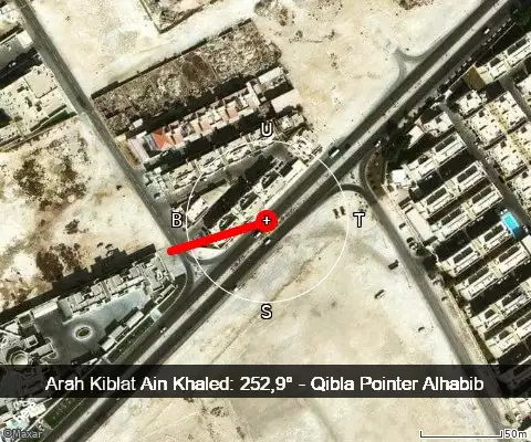peta arah kiblat Ain Khaled: 252,9°
