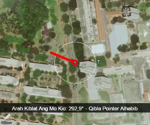 peta arah kiblat Ang Mo Kio: 292,9°