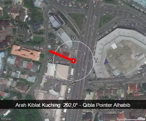 peta arah kiblat Kuching: 292,0°
