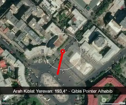 peta arah kiblat Yerevan: 193,4°