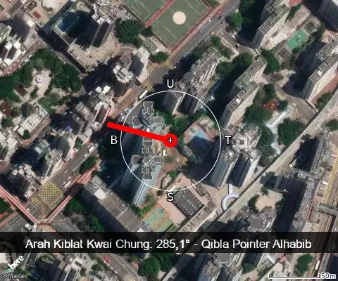 peta arah kiblat Kwai Chung: 285,1°