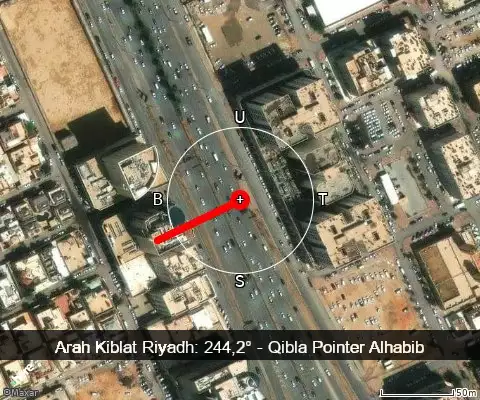 peta arah kiblat Riyadh: 244,2°