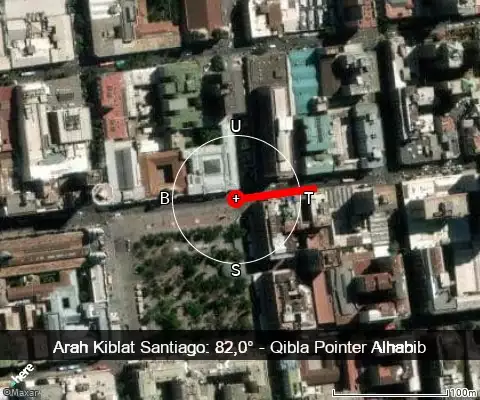 peta arah kiblat Santiago: 82,0°