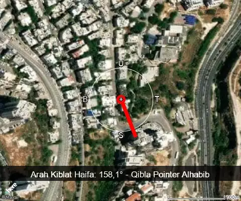 peta arah kiblat Haifa: 158,1°