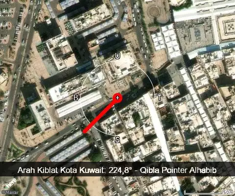 peta arah kiblat Kota Kuwait: 224,8°