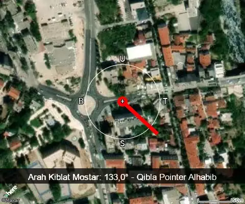 peta arah kiblat Mostar: 133,0°