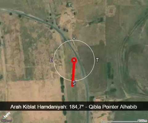 peta arah kiblat Hamdaniyah: 184,7°