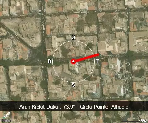 peta arah kiblat Dakar: 73,9°