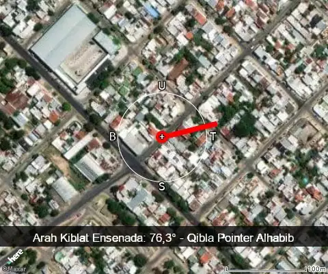 peta arah kiblat Ensenada: 76,3°