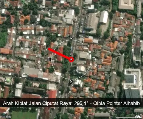 peta arah kiblat Jalan Ciputat Raya: 295,1°